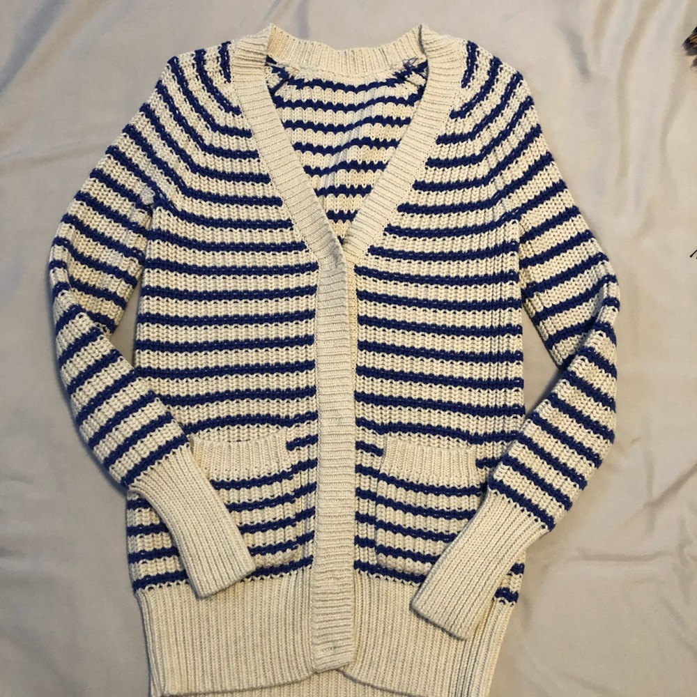 Chunky Knit Ivory and Blue Striped cardigan